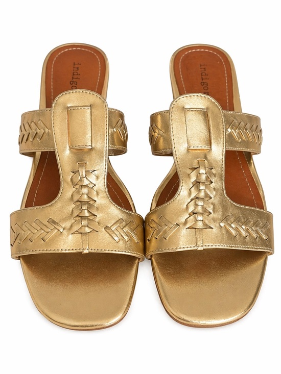 Indigo Shoes - Indigo Rd Gold Metallic Sandals Women’s 9M Braided T-Strap Slip-On Wedge